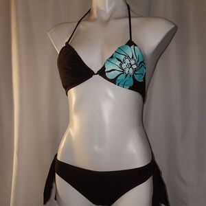 Island Soul, Brown & Teal Floral Triangle Bikini Top and Side-Tie Bottom